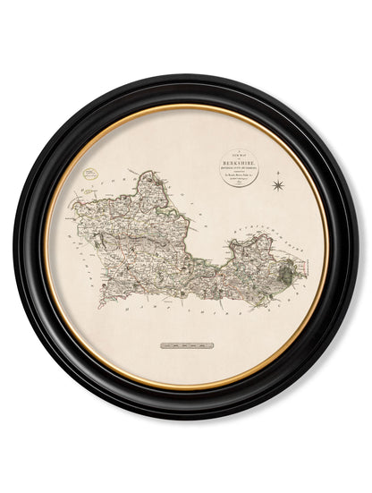  of c 1806 county maps of england round in size 70 x 70cm - glass-fronted framed wall art print with solid wood frame, perfect for statement wall decor