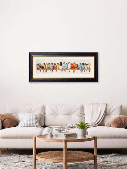 birds on a wire panoramic in size 52 x 135cm - glass-fronted framed wall art print with solid wood frame, perfect for luxury home decor