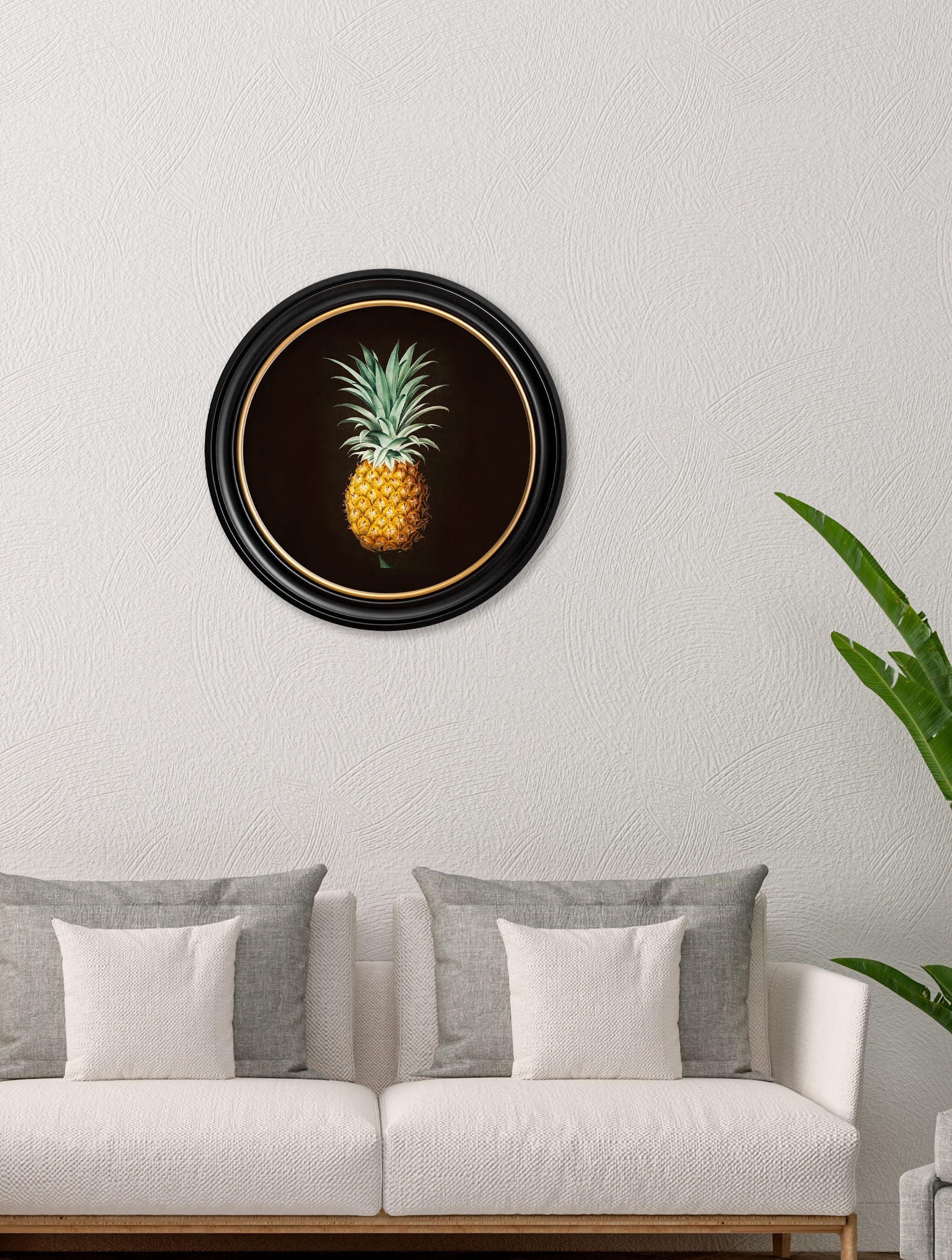 c 1812 pineapple study round frame in size 70 x 70cm - glass-fronted framed wall art print with solid wood frame, a beautiful addition to stylish homes