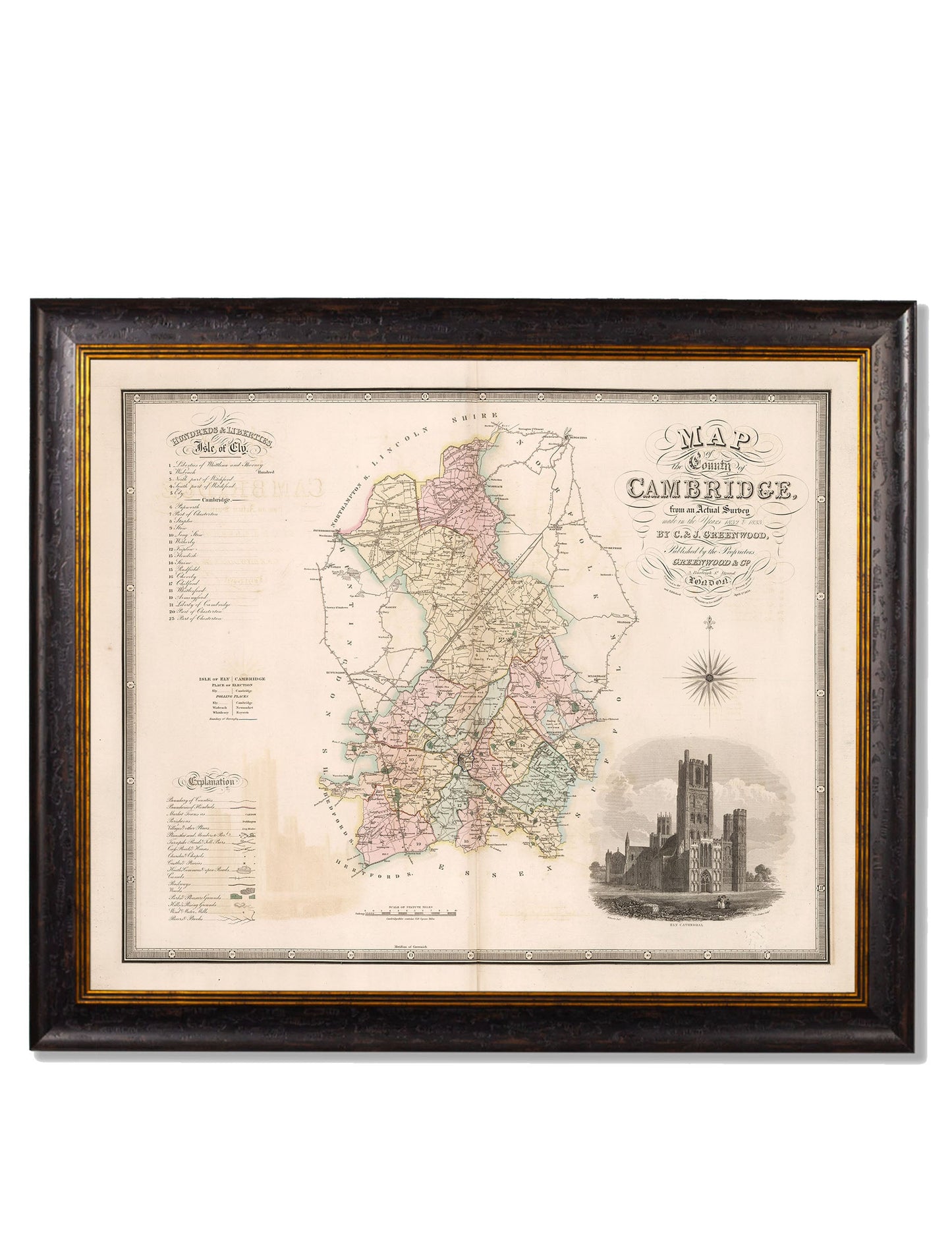 c 1830 map of the county of bedford in size 70 x 84cm - glass-fronted framed wall art print with solid wood frame, adds elegance to your decor