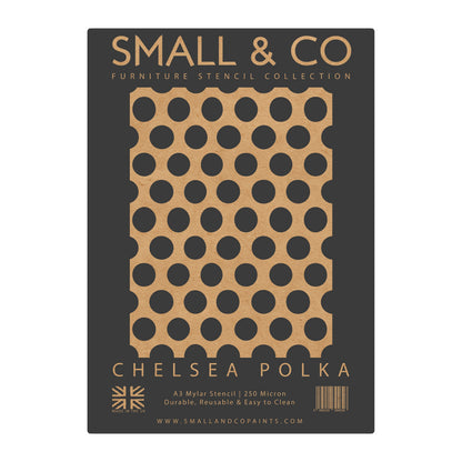 Chelsea Polka packaging showing repeat dot layout – UK-made A3 reusable stencil for shabby chic, kids’ rooms, retro interiors and craft projects.