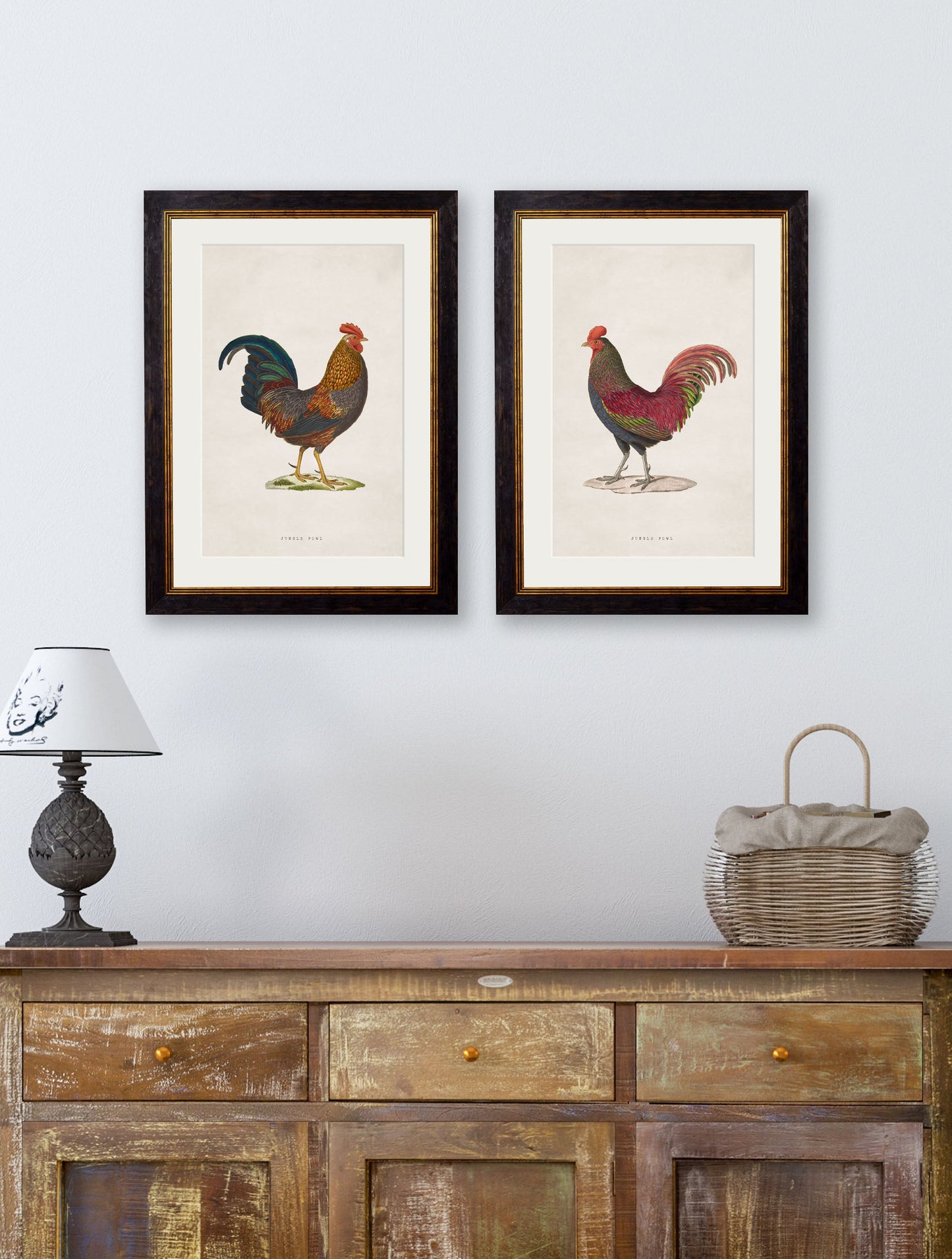 c 1838 bronze junglefowl in size 38 x 50cm - glass-fronted framed wall art print with solid wood frame, a beautiful addition to stylish homes