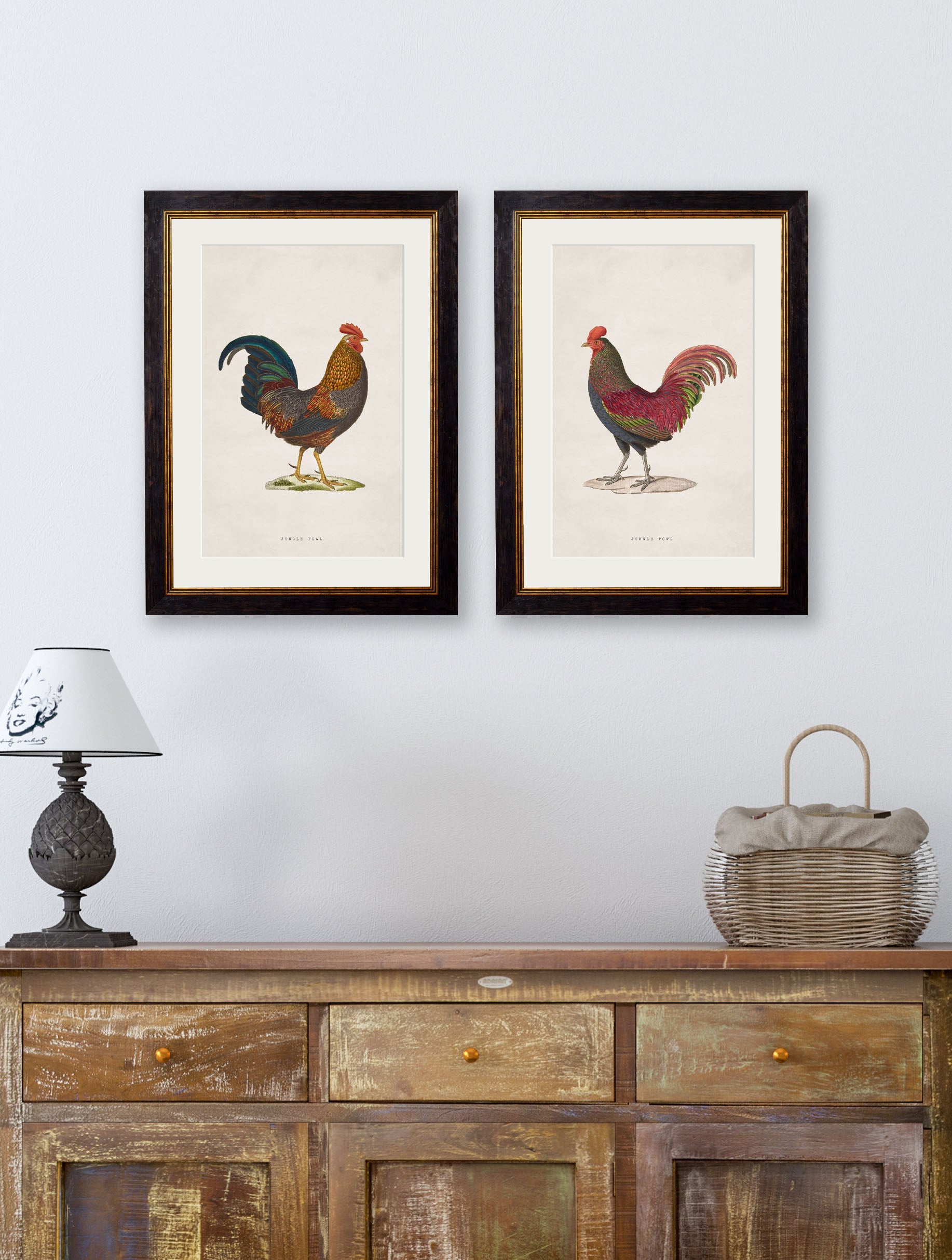 c 1838 bronze junglefowl in size 38 x 50cm - glass-fronted framed wall art print with solid wood frame, a beautiful addition to stylish homes