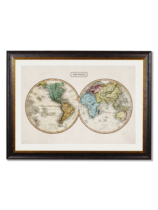 c.1800s Map of the World in size 50 x 70cm - glass-fronted framed wall art print with solid wood frame, ideal for modern interiors