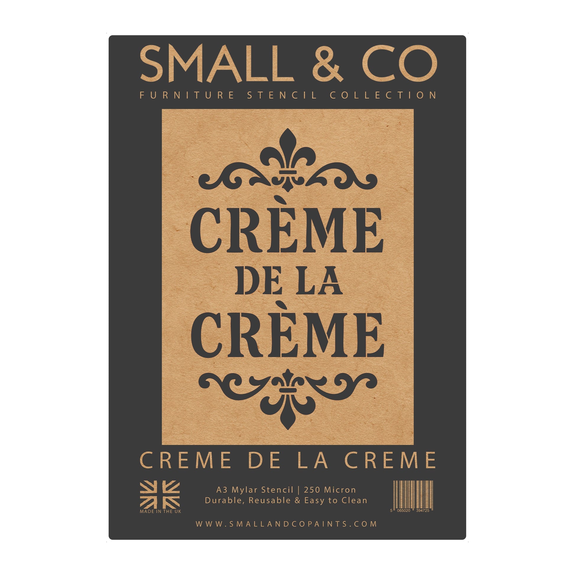 Crème de la Crème stencil packaging showing French typography pattern for furniture painting, kitchen décor, café style wall art and vintage farmhouse upcycling projects