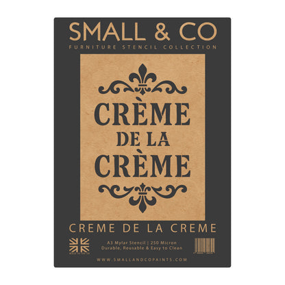 Crème de la Crème stencil packaging showing French typography pattern for furniture painting, kitchen décor, café style wall art and vintage farmhouse upcycling projects