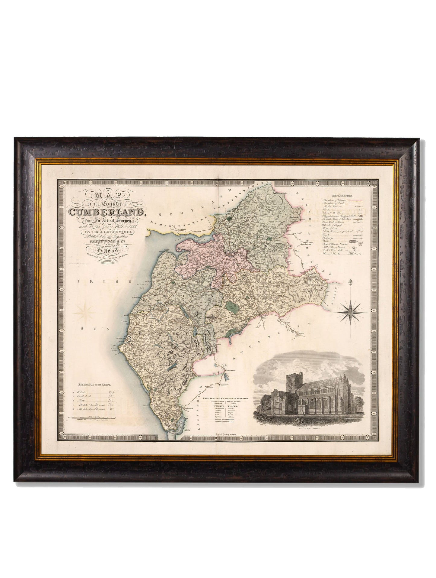 c 1830 map of the county of bedford in size 70 x 84cm - glass-fronted framed wall art print with solid wood frame, perfect for luxury home decor