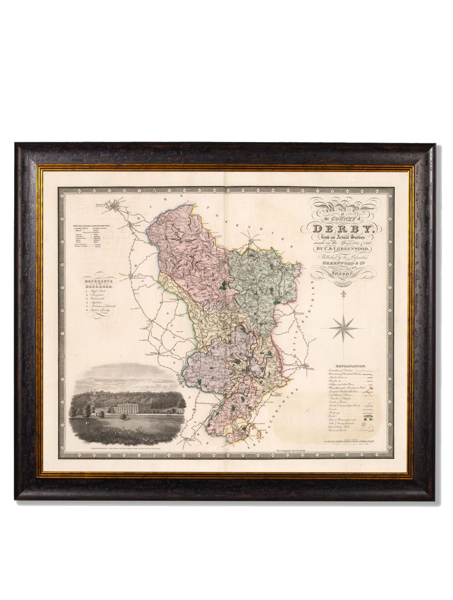 c 1830 map of the county of bedford in size 70 x 84cm - glass-fronted framed wall art print with solid wood frame, designed for high-end interior design