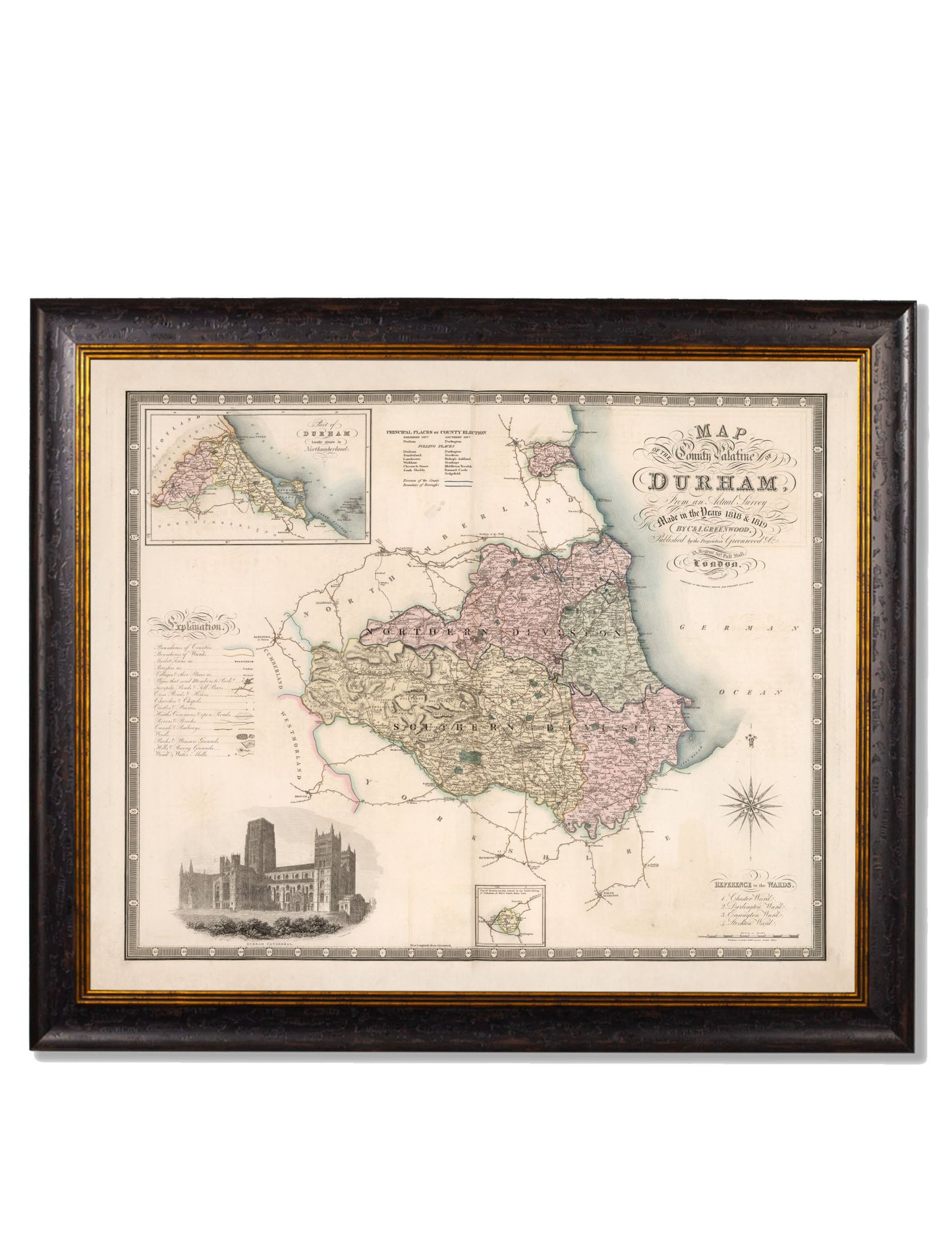 c 1830 map of the county of bedford in size 70 x 84cm - glass-fronted framed wall art print with solid wood frame, luxury wall art for sophisticated spaces