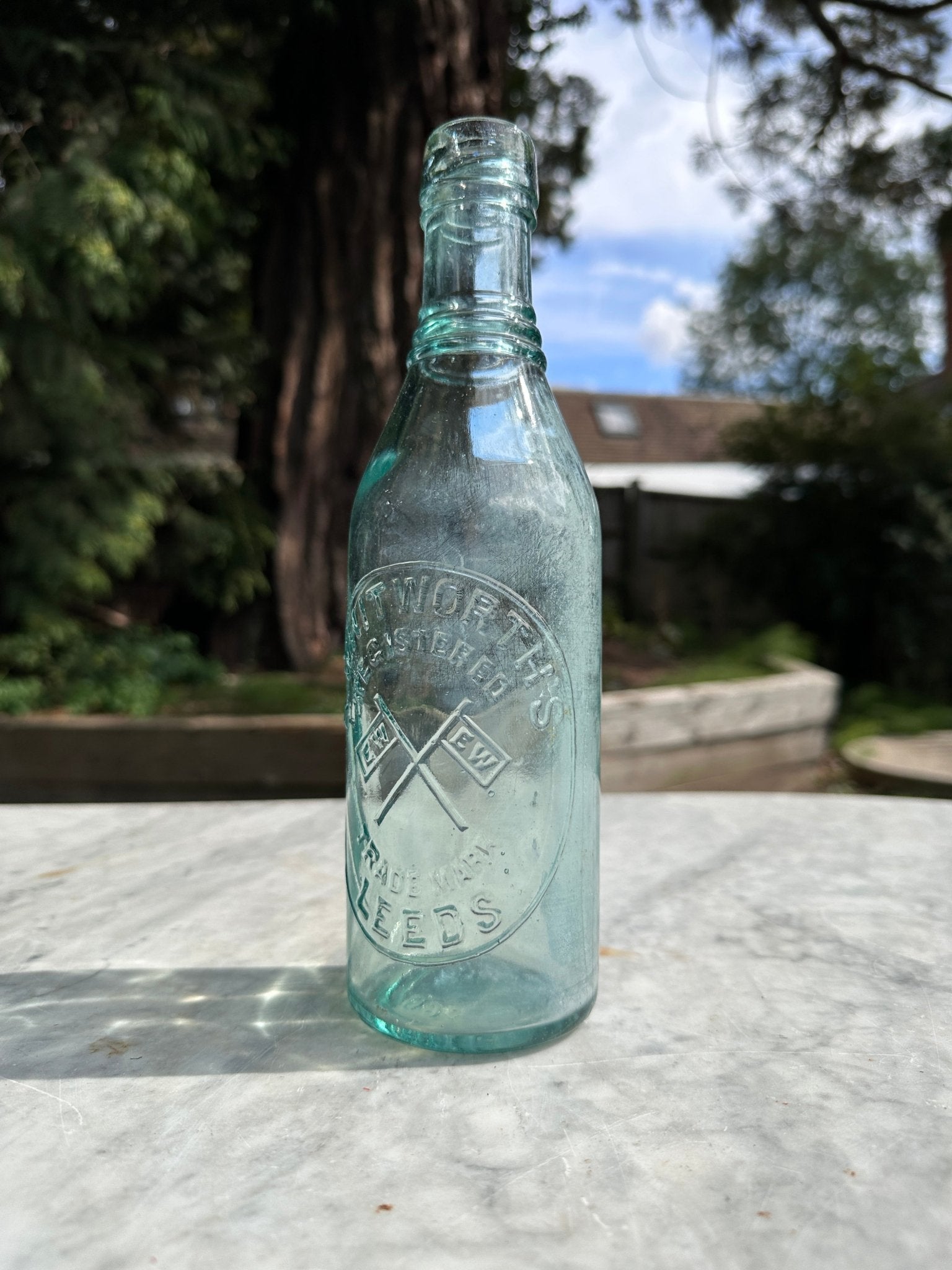 E. Whitworths, Leeds, Antique Aqua Blue Glass Bottle - Vintage Glass BottleThe Furniture Recycling ShopBottle