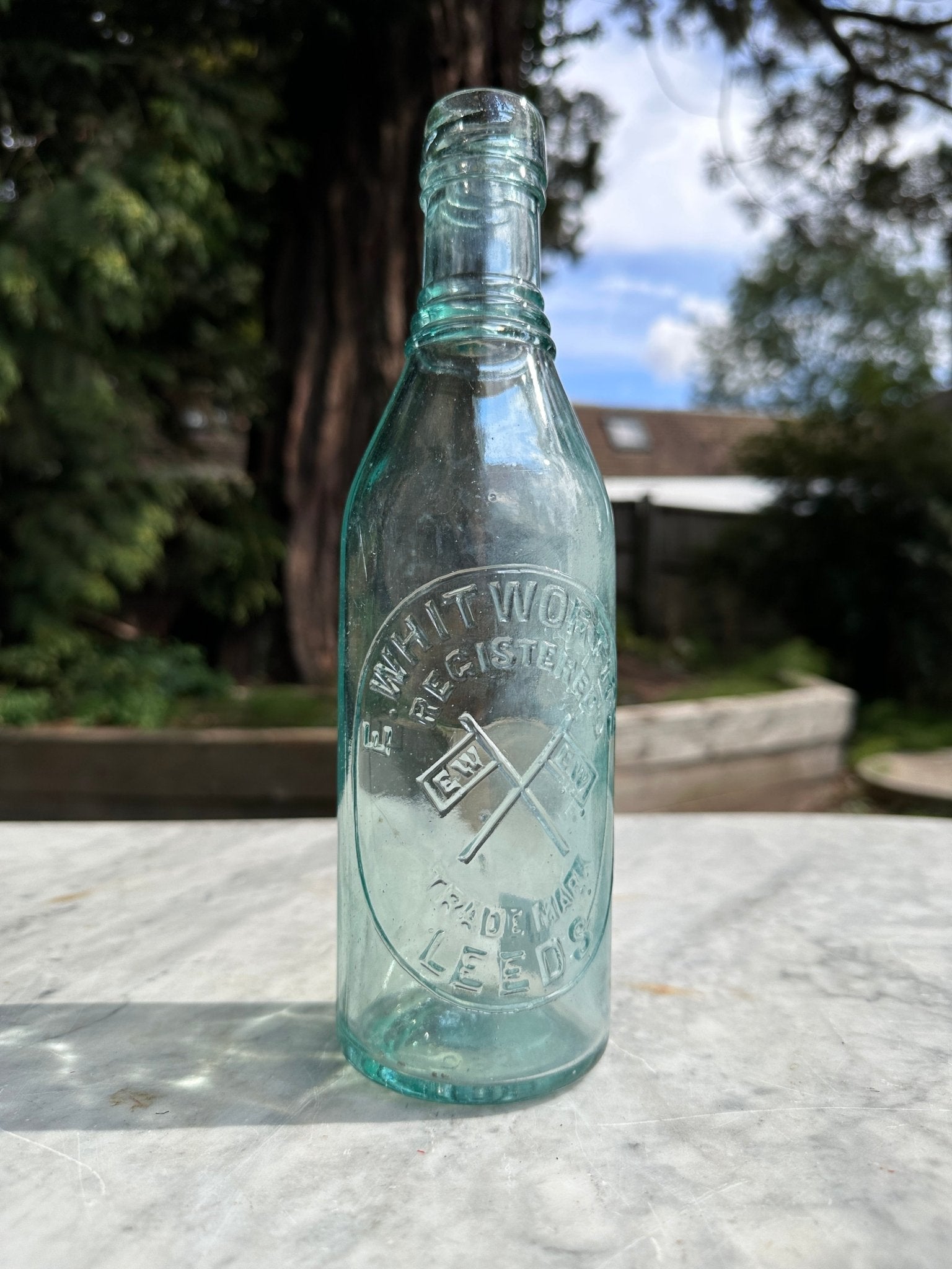 E. Whitworths, Leeds, Antique Aqua Blue Glass Bottle - Vintage Glass BottleThe Furniture Recycling ShopBottle