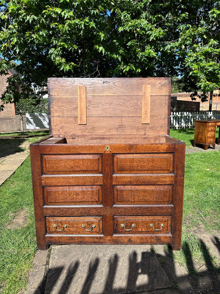 Early 19th Century Antique Tall Oak Mule Chest, Blanket Chest With Candle BoxThe Furniture Recycling Shop
