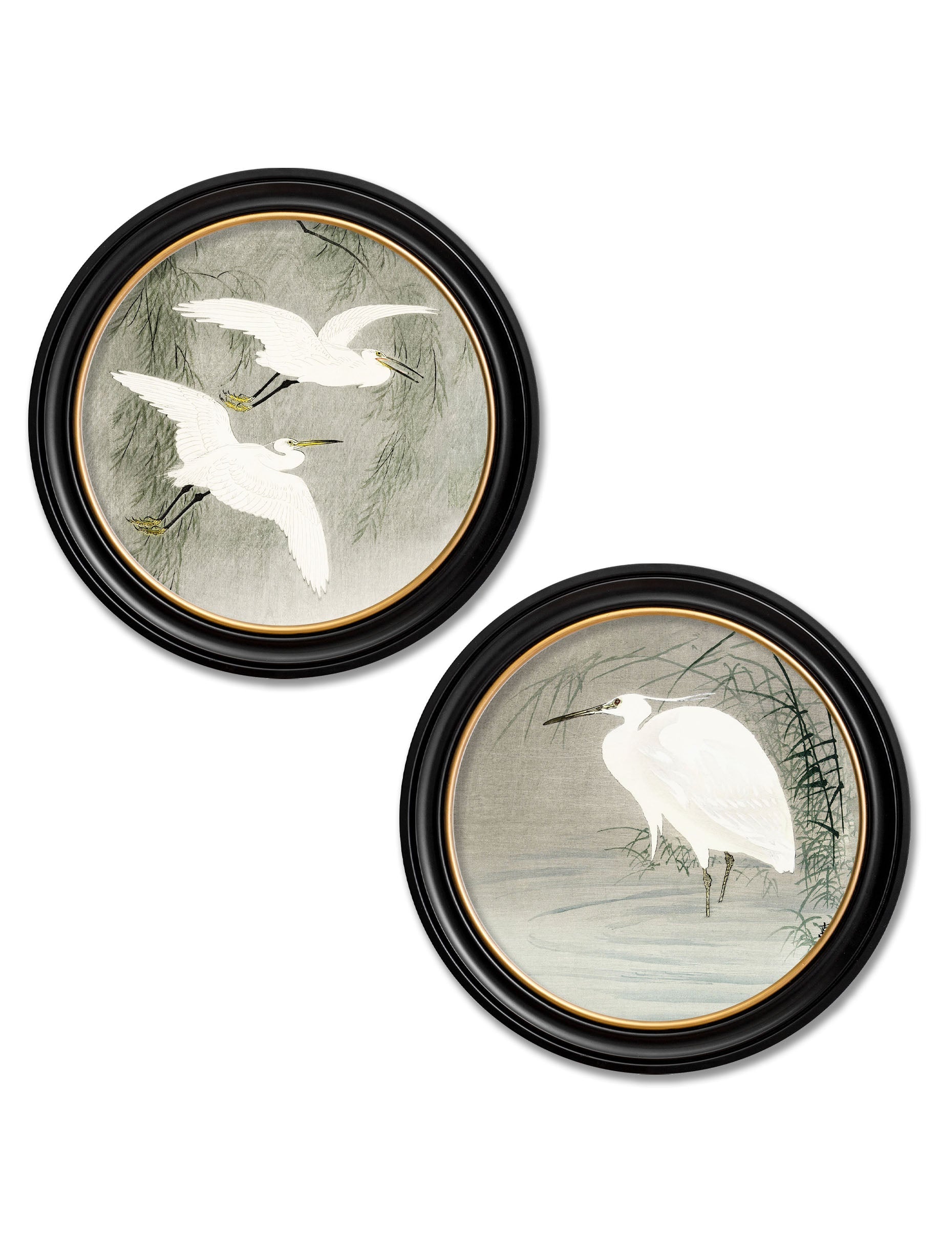c.1910 Little Egrets - Ohara Koson in Round Frames in size 44 x 44cm - glass-fronted framed wall art print with solid wood frame, luxury wall art for sophisticated spaces