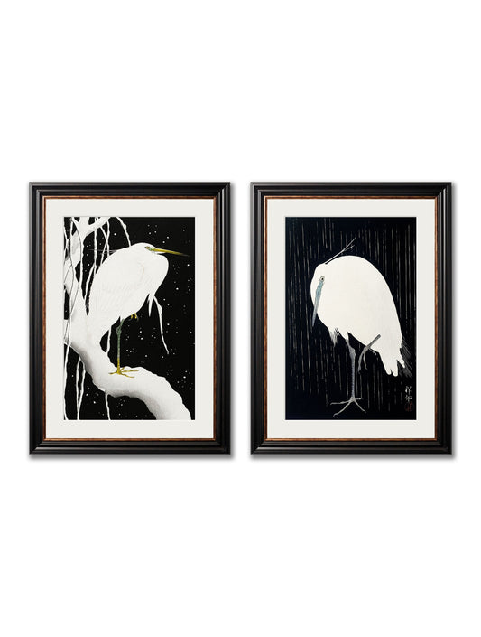 c.1910 Egrets - Ohara Koson in size 38 x 50cm - glass-fronted framed wall art print with solid wood frame, ideal for modern interiors