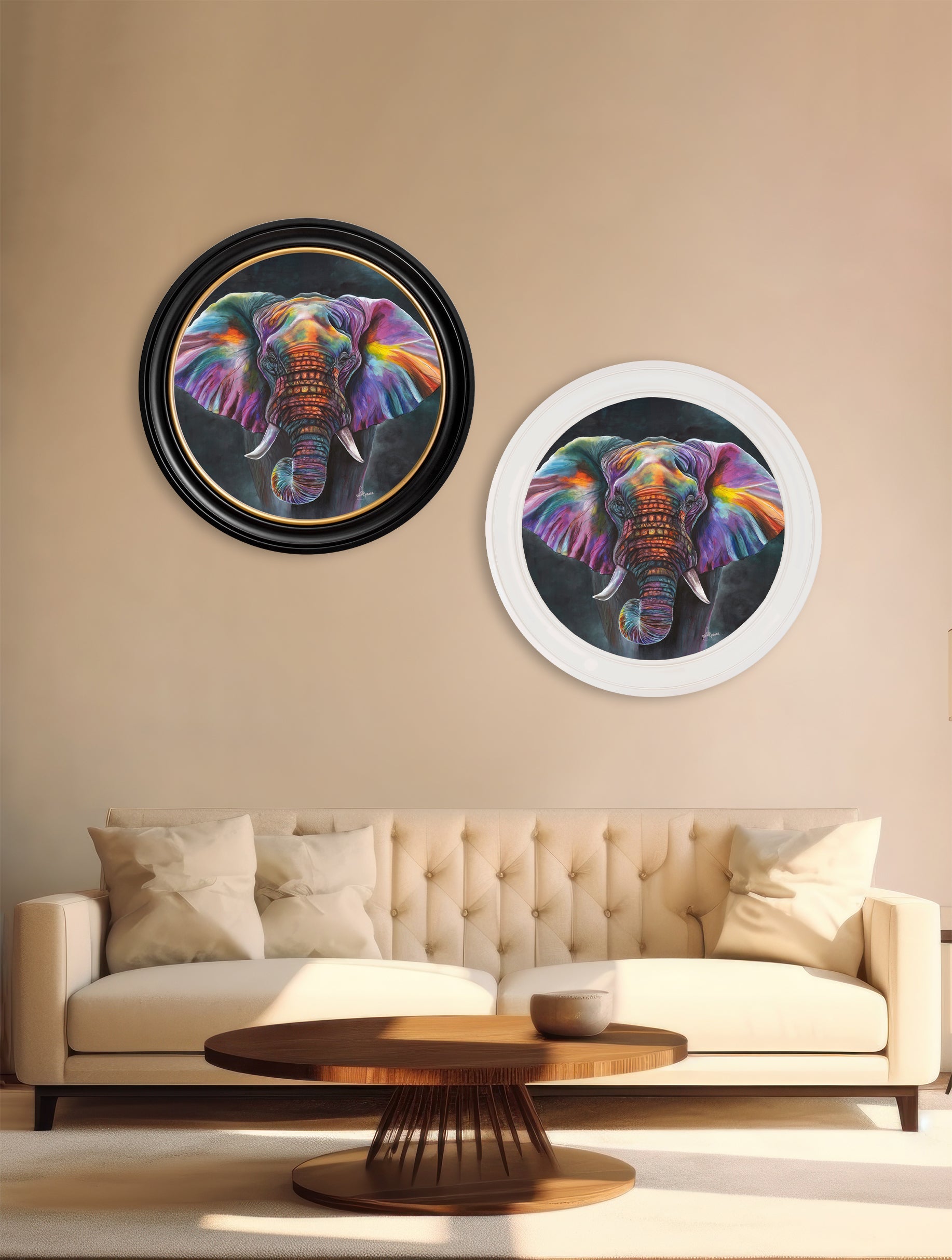 elephant print wisdom by amy ansell oxford round frame in size 96 x 96cm - glass-fronted framed wall art print with solid wood frame, adds elegance to your decor