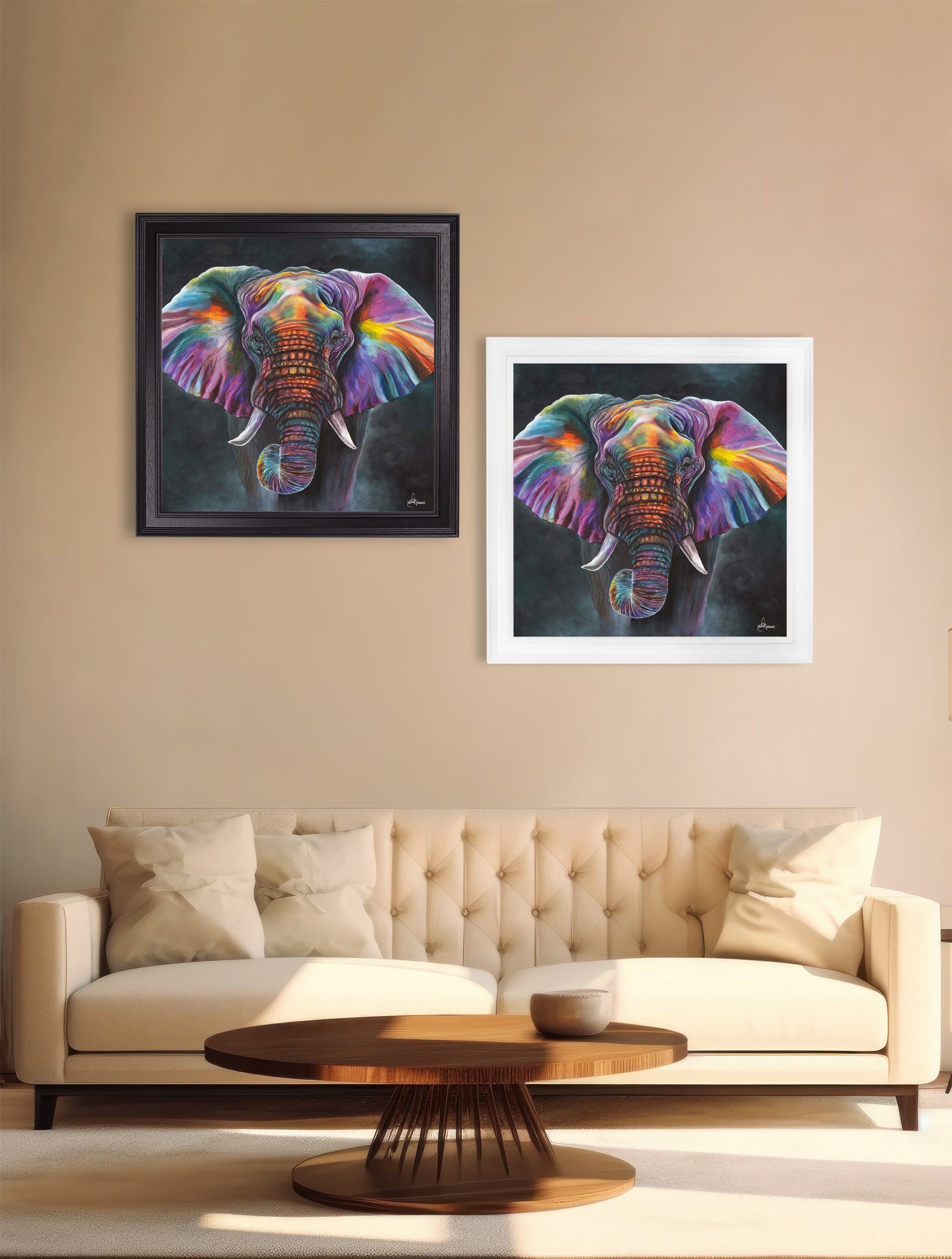 elephant print wisdom by amy ansell black square frame in size 96 x 96cm - glass-fronted framed wall art print with solid wood frame, ideal for modern interiors