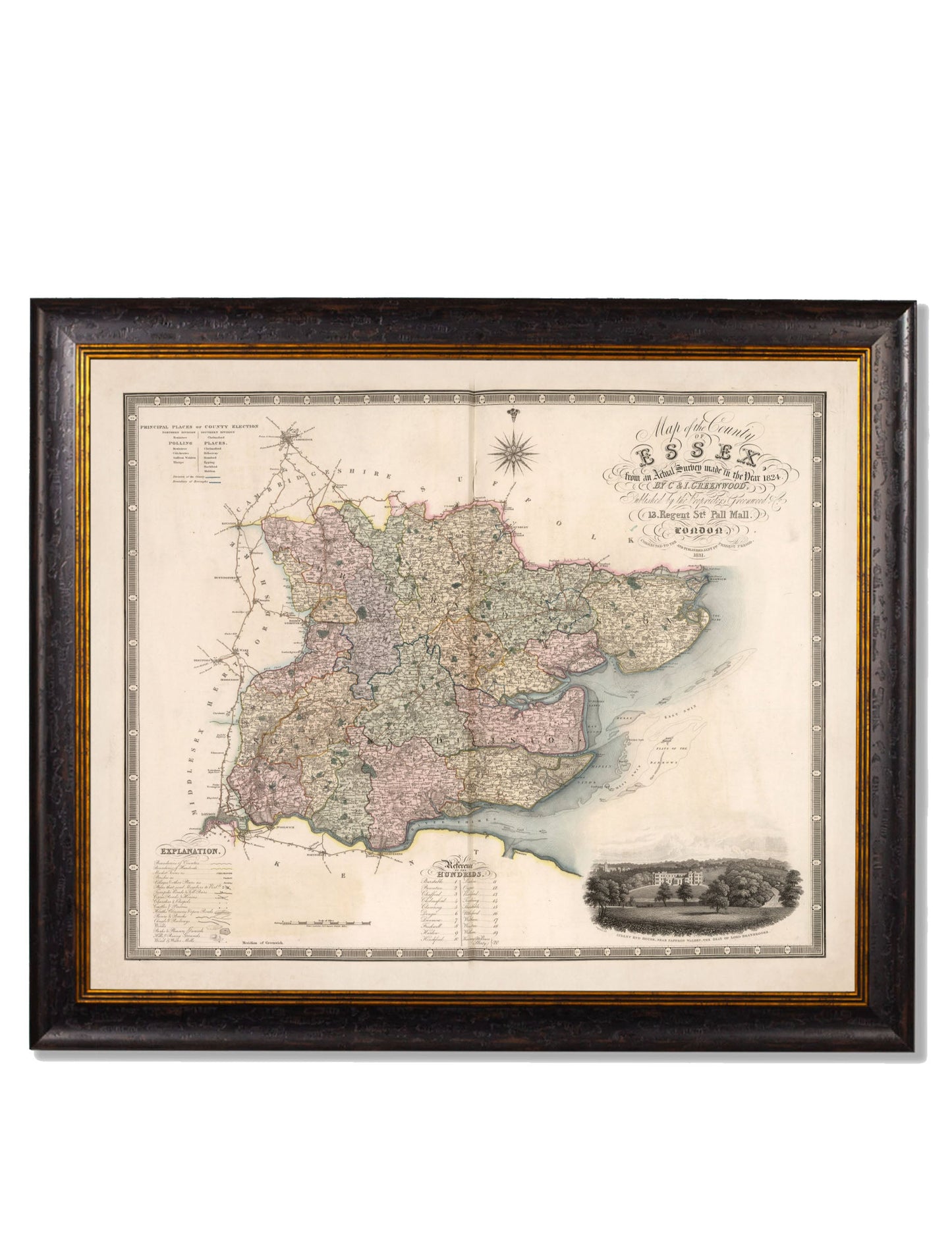 c 1830 map of the county of bedford in size 70 x 84cm - glass-fronted framed wall art print with solid wood frame, adds elegance to your decor