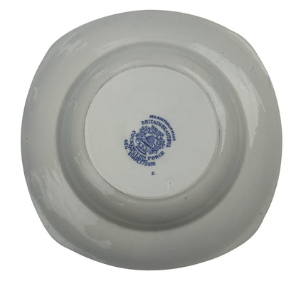 Close-up of gilt rim and leaf border on a Burleigh Ware blue and white bowl