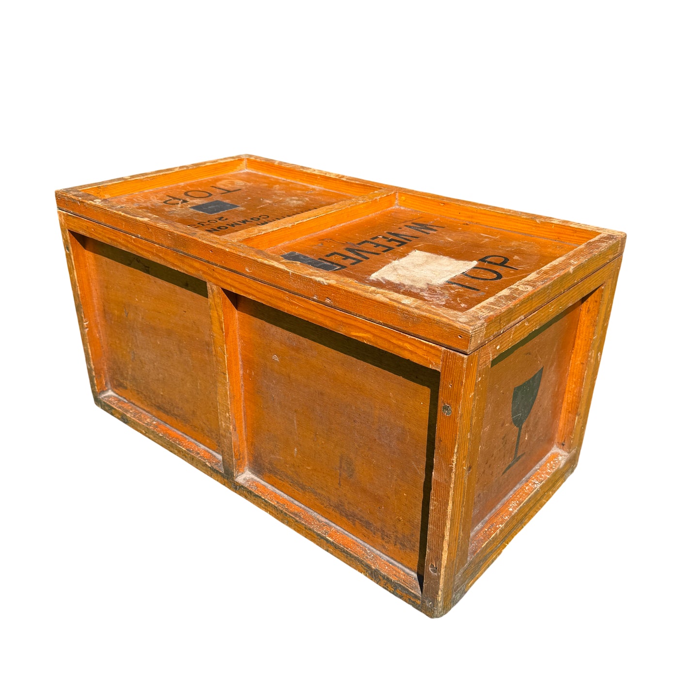 Vintage pine shipping crate storage chest with hinged lid and black stencilled markings