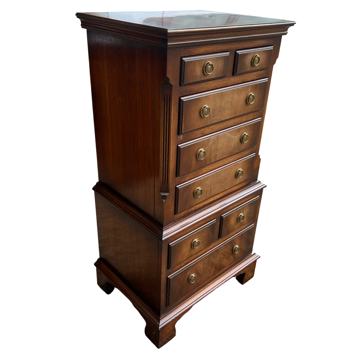 Vintage mahogany tall narrow chest of drawers by Beven Funnel with brass ring handles