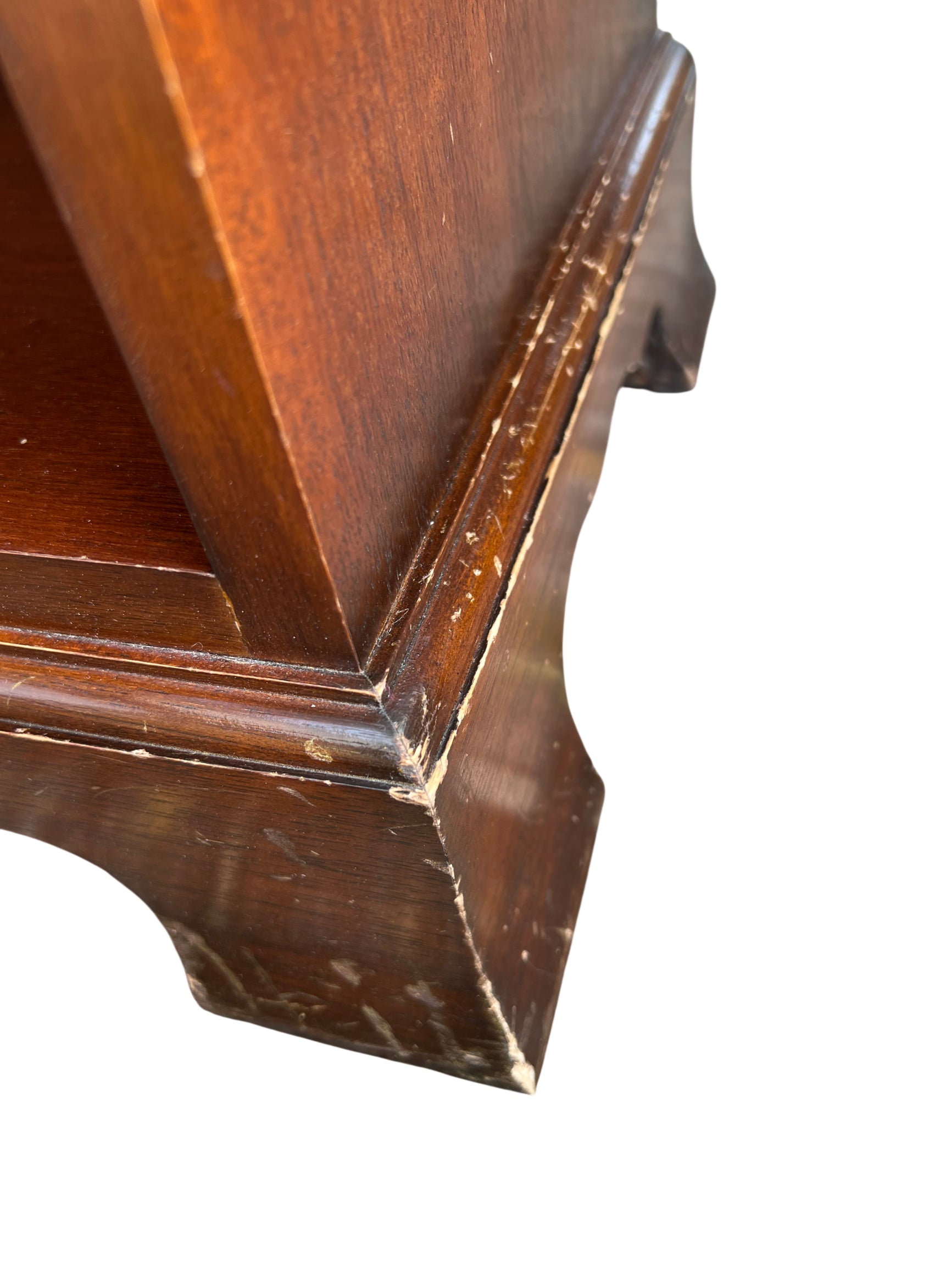 Mahogany bedside cabinet with visible edge wear, chips and light surface scratches