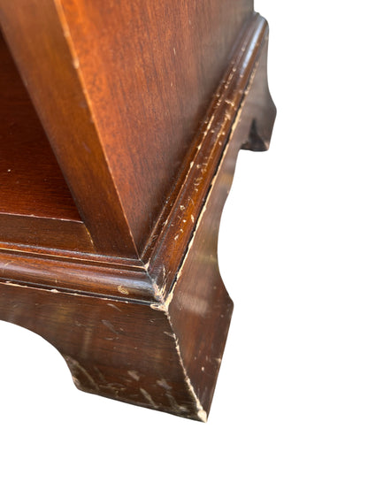 Mahogany bedside cabinet with visible edge wear, chips and light surface scratches