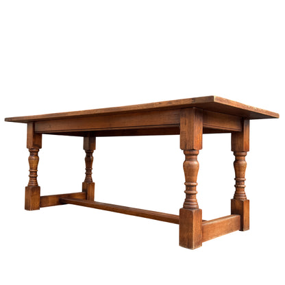 Jacobean style solid oak refectory dining table 200cm with turned legs and stretcher base