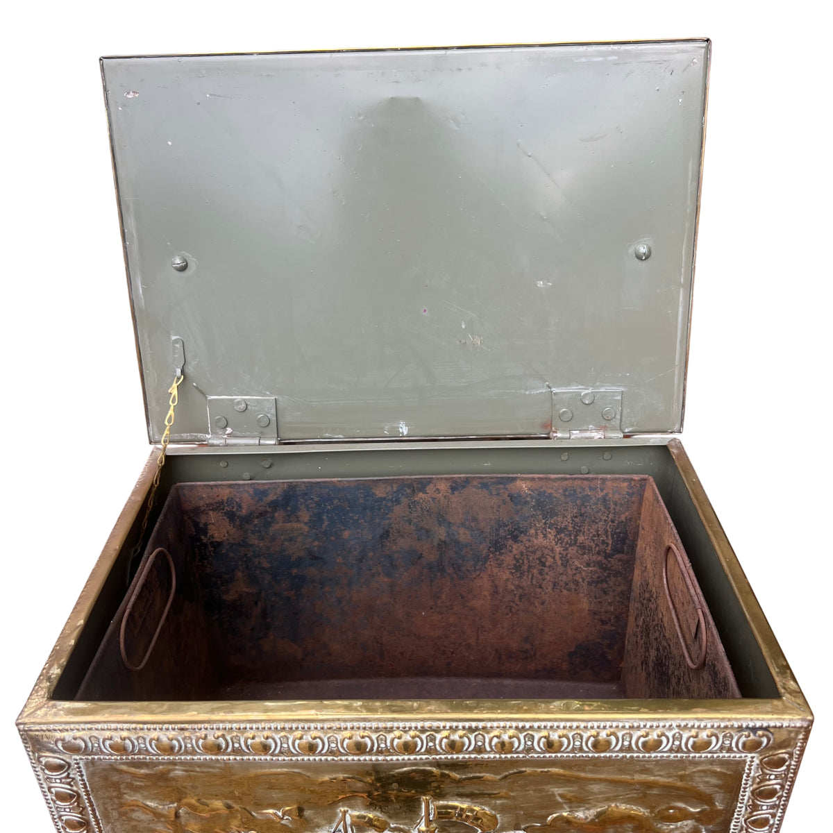 Vintage brass storage chest displayed on a wooden sideboard with visible patina