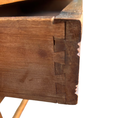 Top view of pine side table showing ring marks and surface scratches
