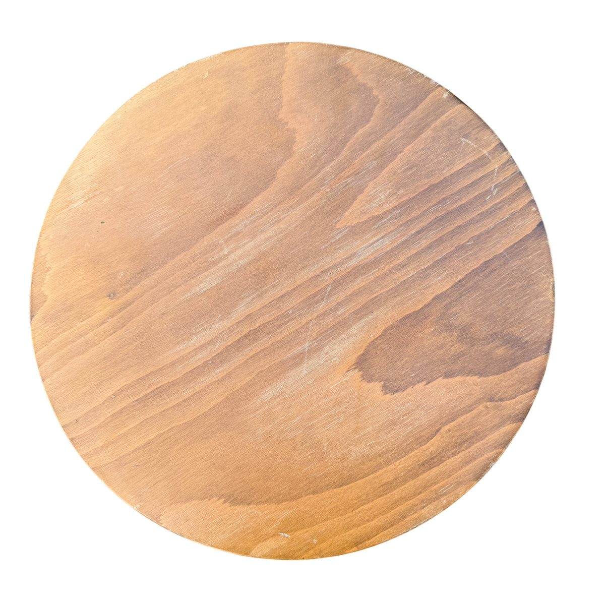 Top-down view of round wooden stool showing surface grain and finish