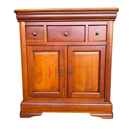 Front view French reproduction cupboard with two panelled doors and three small drawers