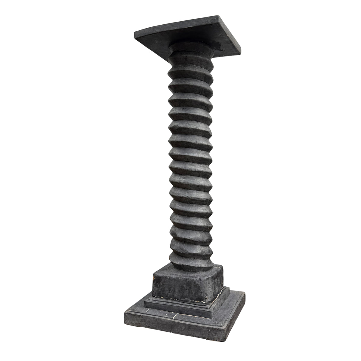 Vintage French wine press pedestal display stand with spiral-carved wooden column and stepped base in charcoal finish