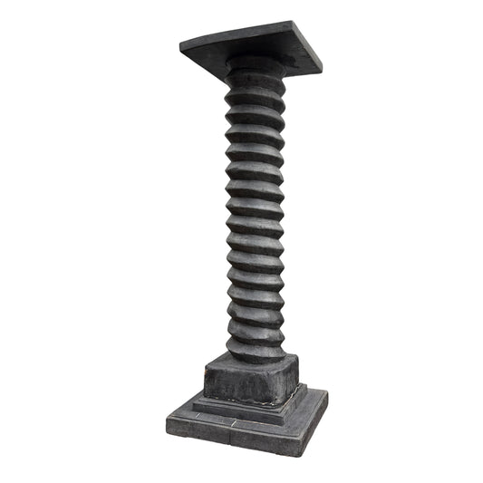 Vintage French wine press pedestal display stand with spiral-carved wooden column and stepped base in charcoal finish