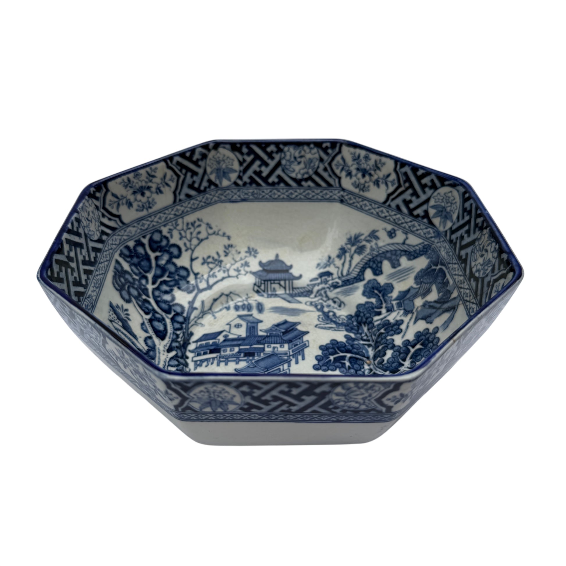 Antique Kang‑Hsi octagonal blue and white transferware serving bowl interior view