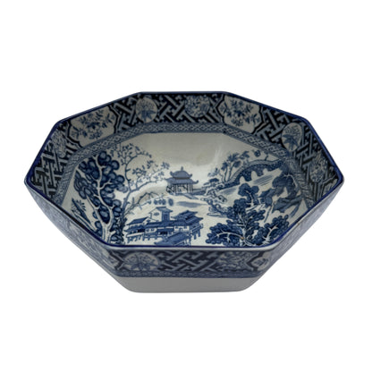 Antique Kang‑Hsi octagonal blue and white transferware serving bowl interior view