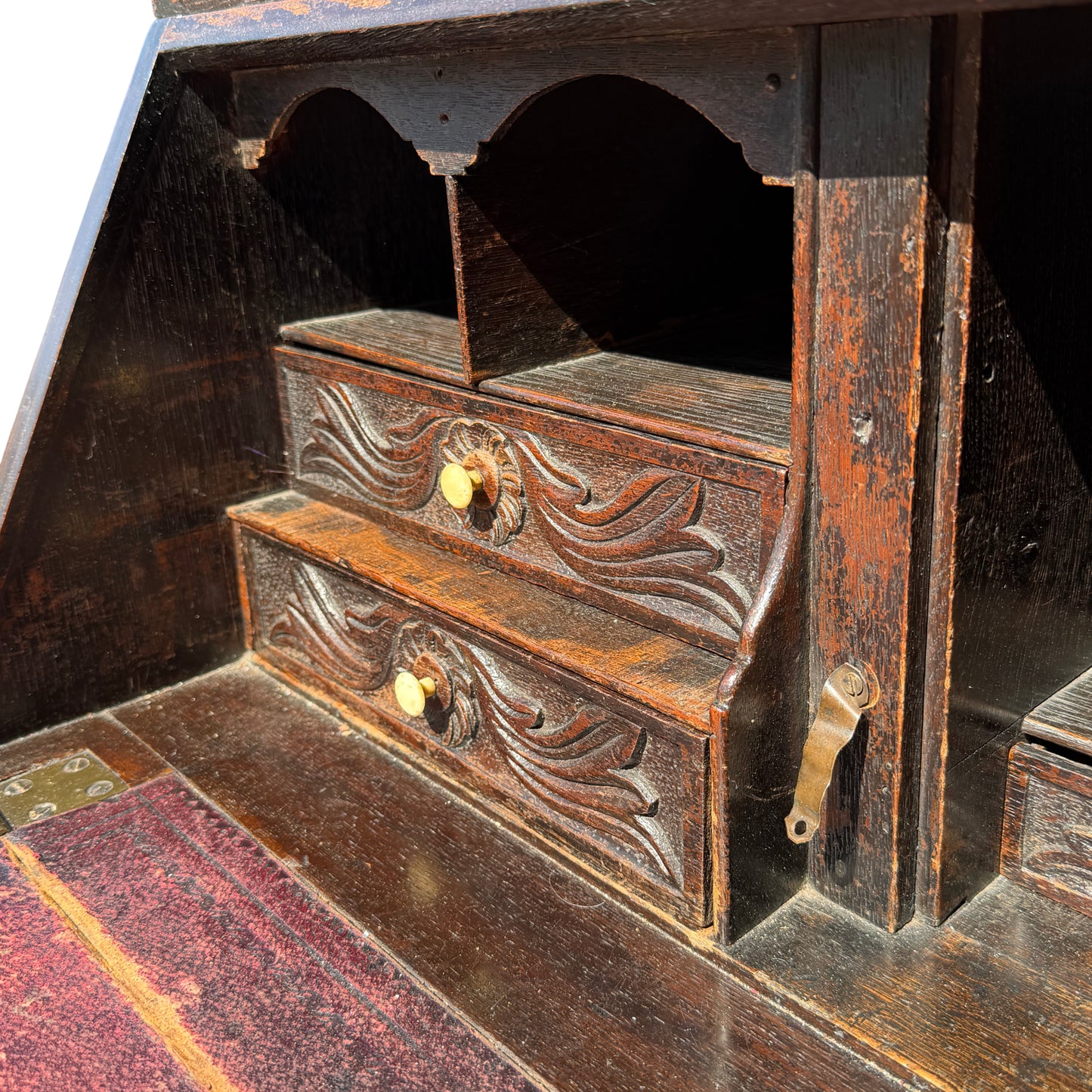 Full height view of two-section Victorian oak bureau bookcase