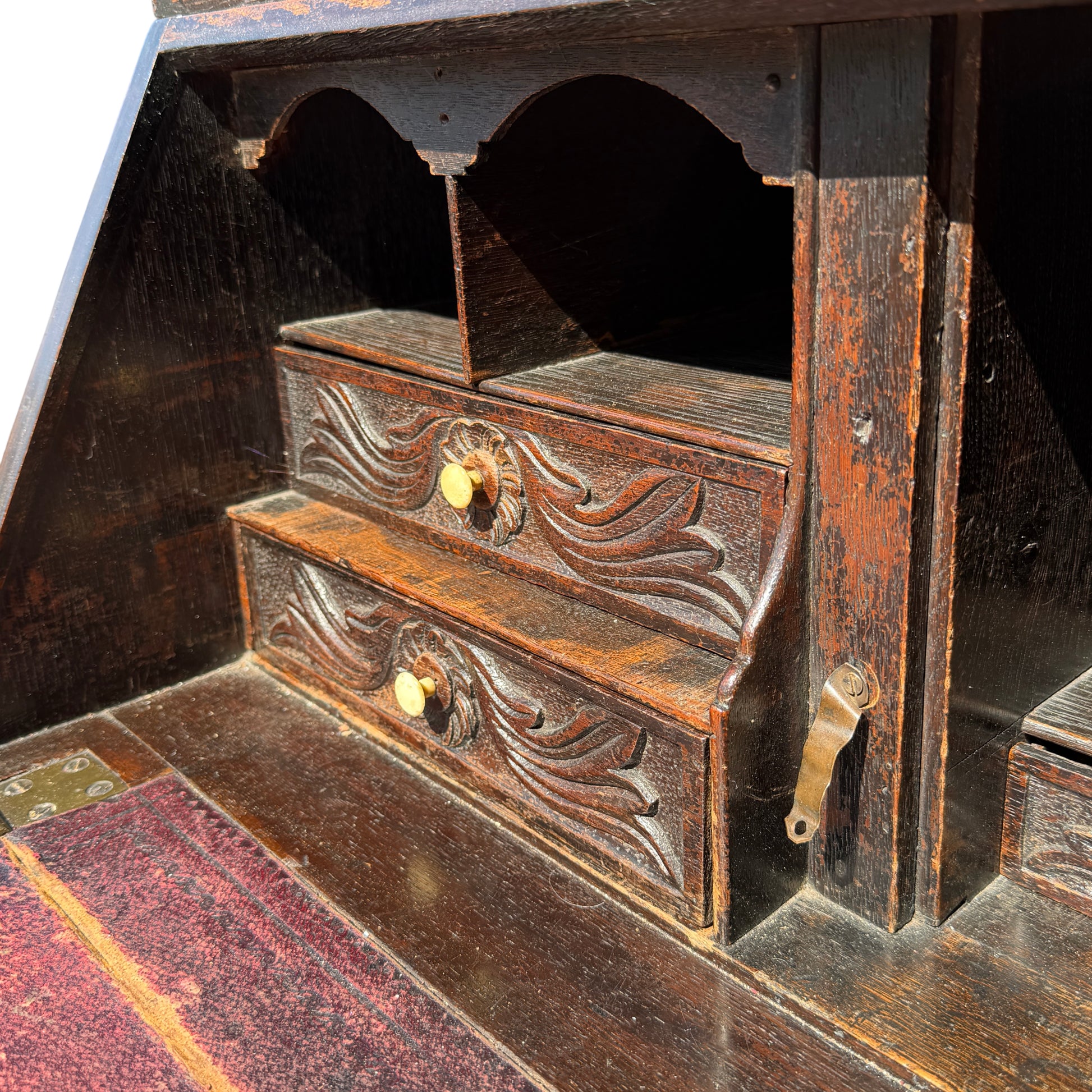 Full height view of two-section Victorian oak bureau bookcase