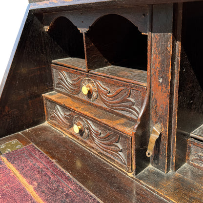 Full height view of two-section Victorian oak bureau bookcase