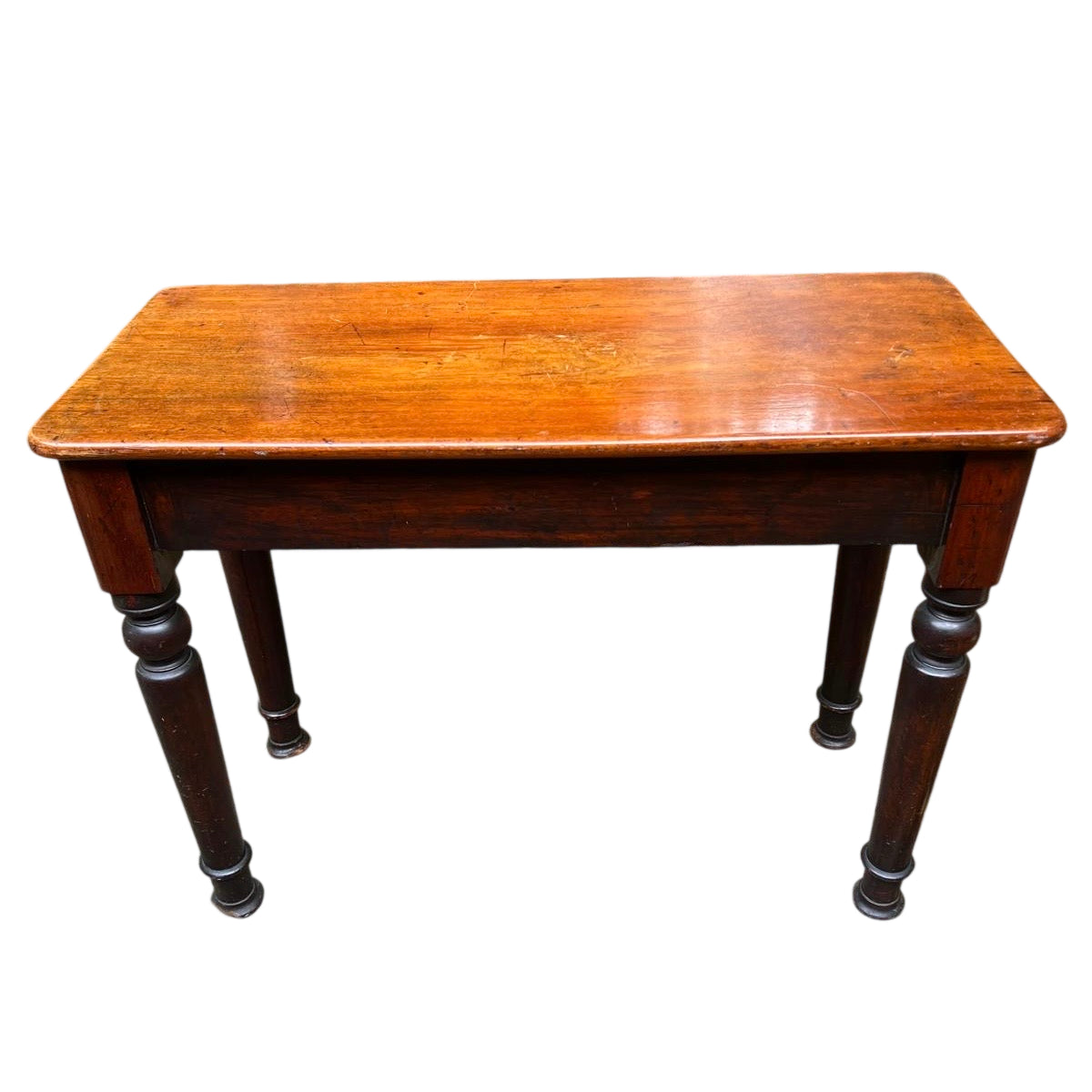 Victorian console table with turned legs and warm polished solid wood top