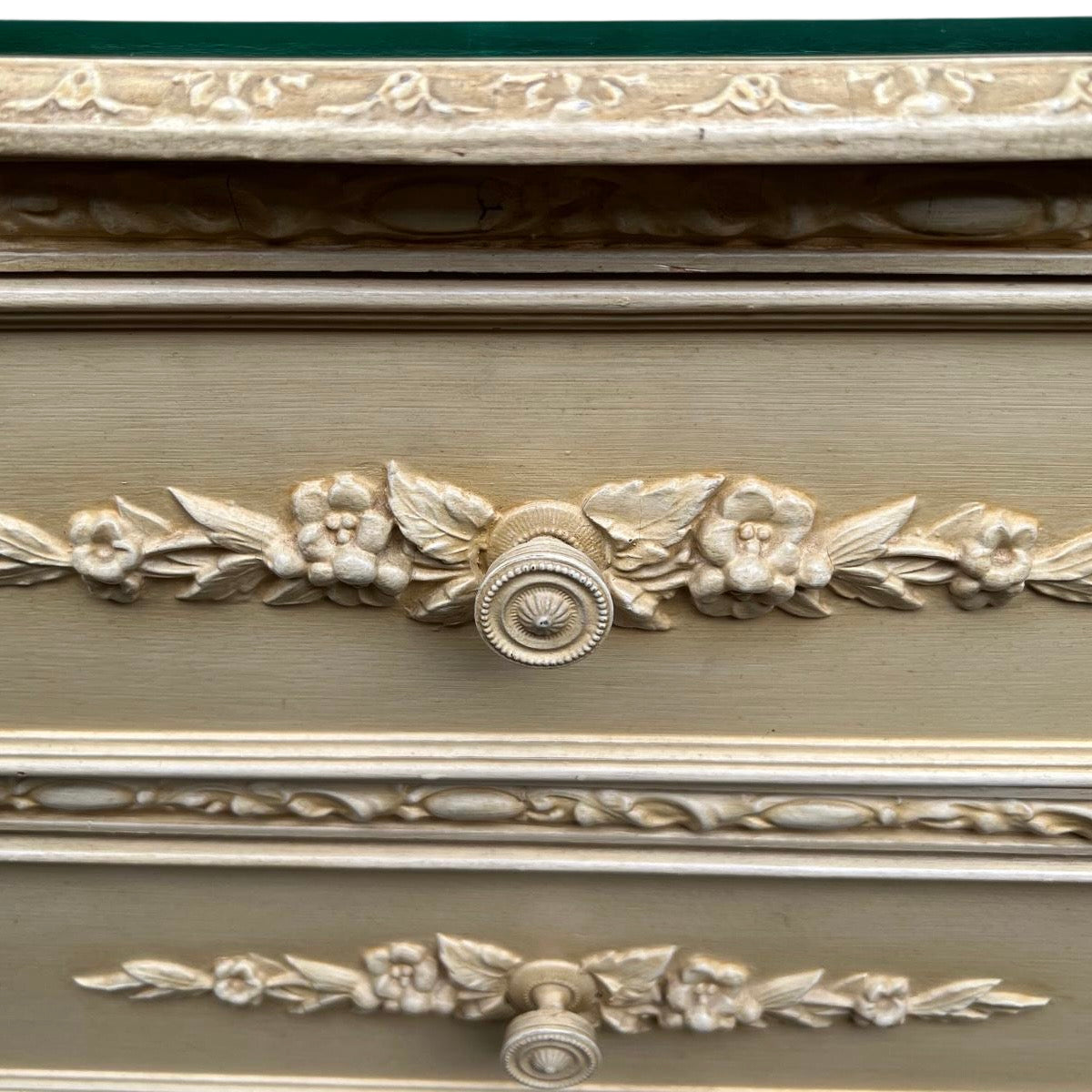 Cream finish chest of drawers in French Provincial style with curved top