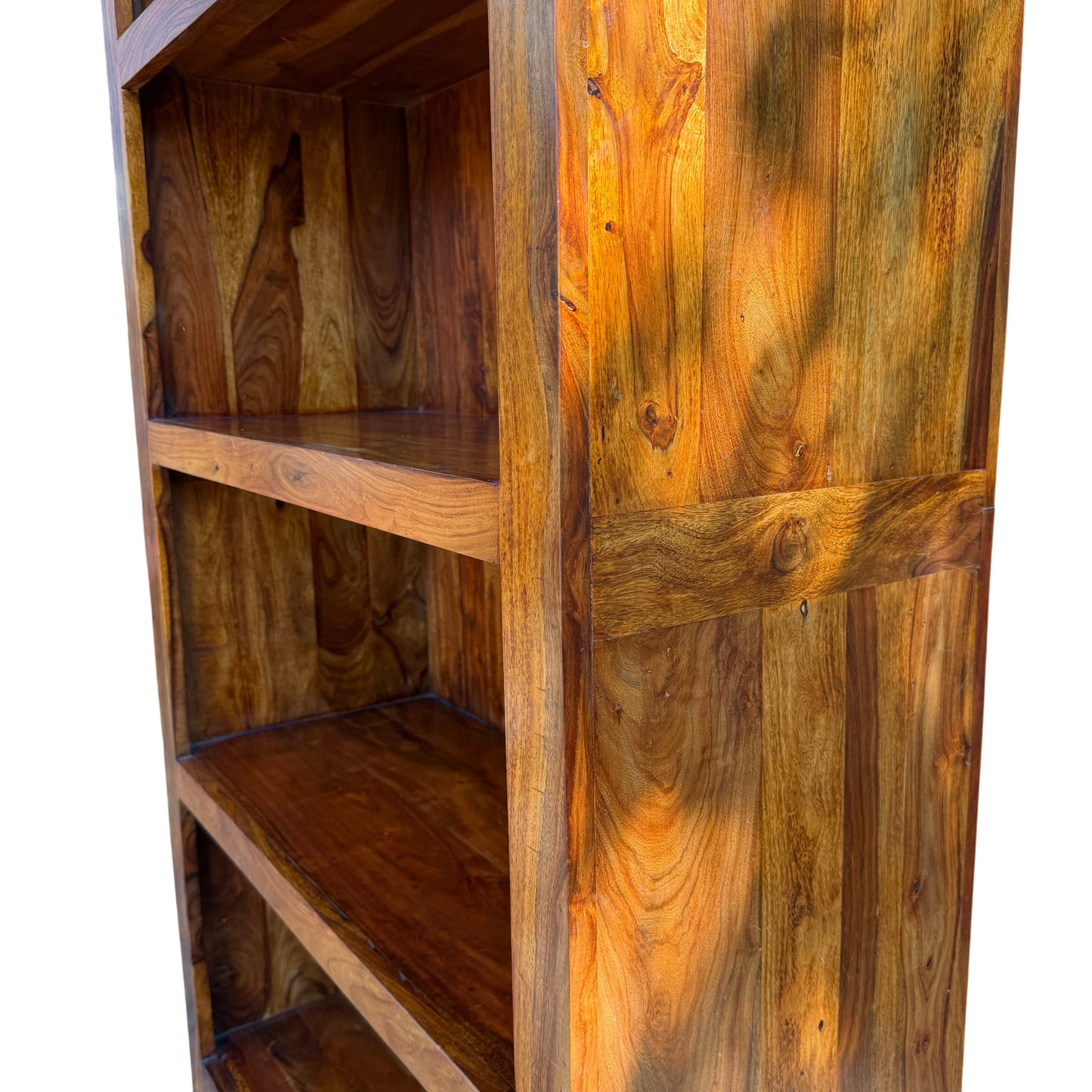 Bookcase with natural wood grain and three deep compartments