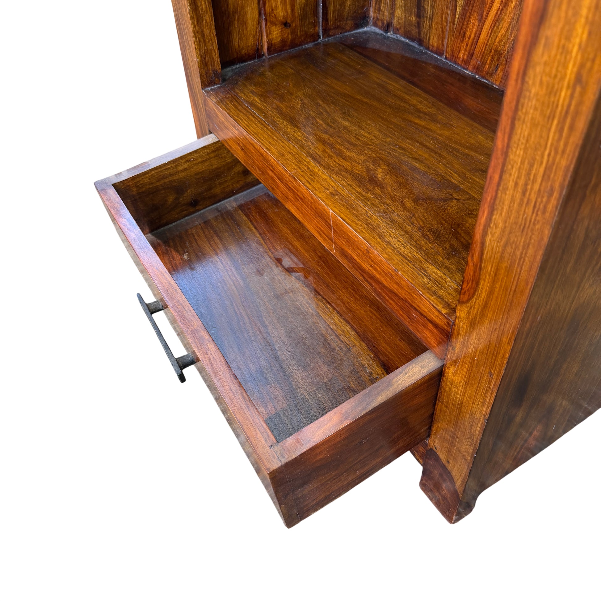 Interior shelf base showing hand-stained finish and small surface marks