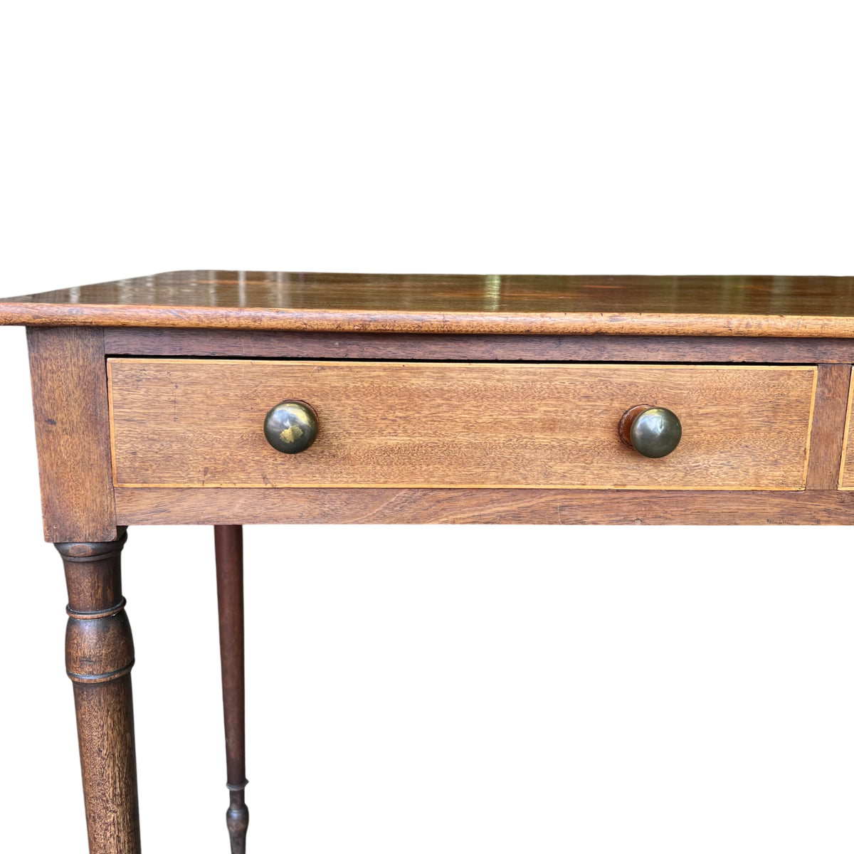 Front view of two drawer oak hall table with simple moulded edge