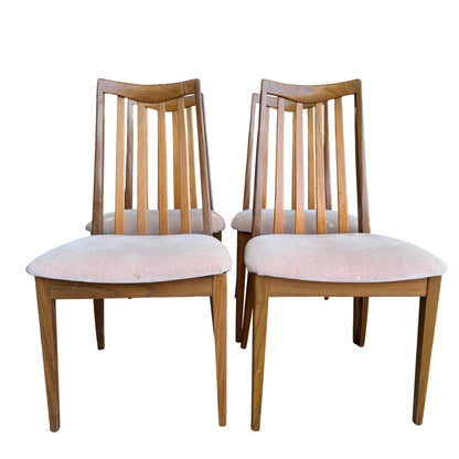 Pair of G-Plan 1970s dining chairs showing slatted back detail and curved top rails