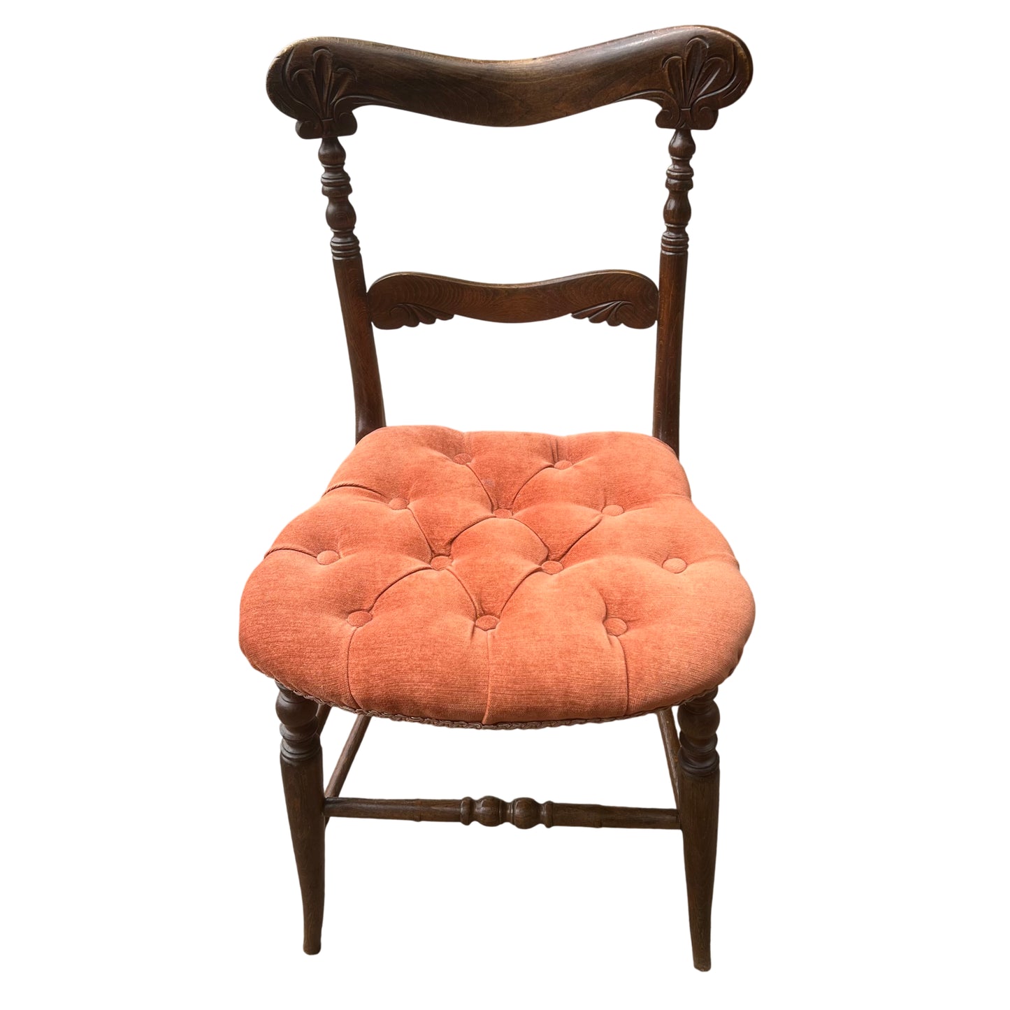 Victorian carved wooden dining chair with orange buttoned upholstered seat and turned legs