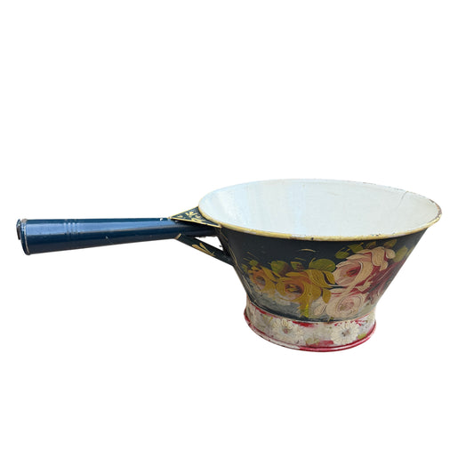 Vintage hand-painted metal coal scuttle with floral toleware decoration and blue handle