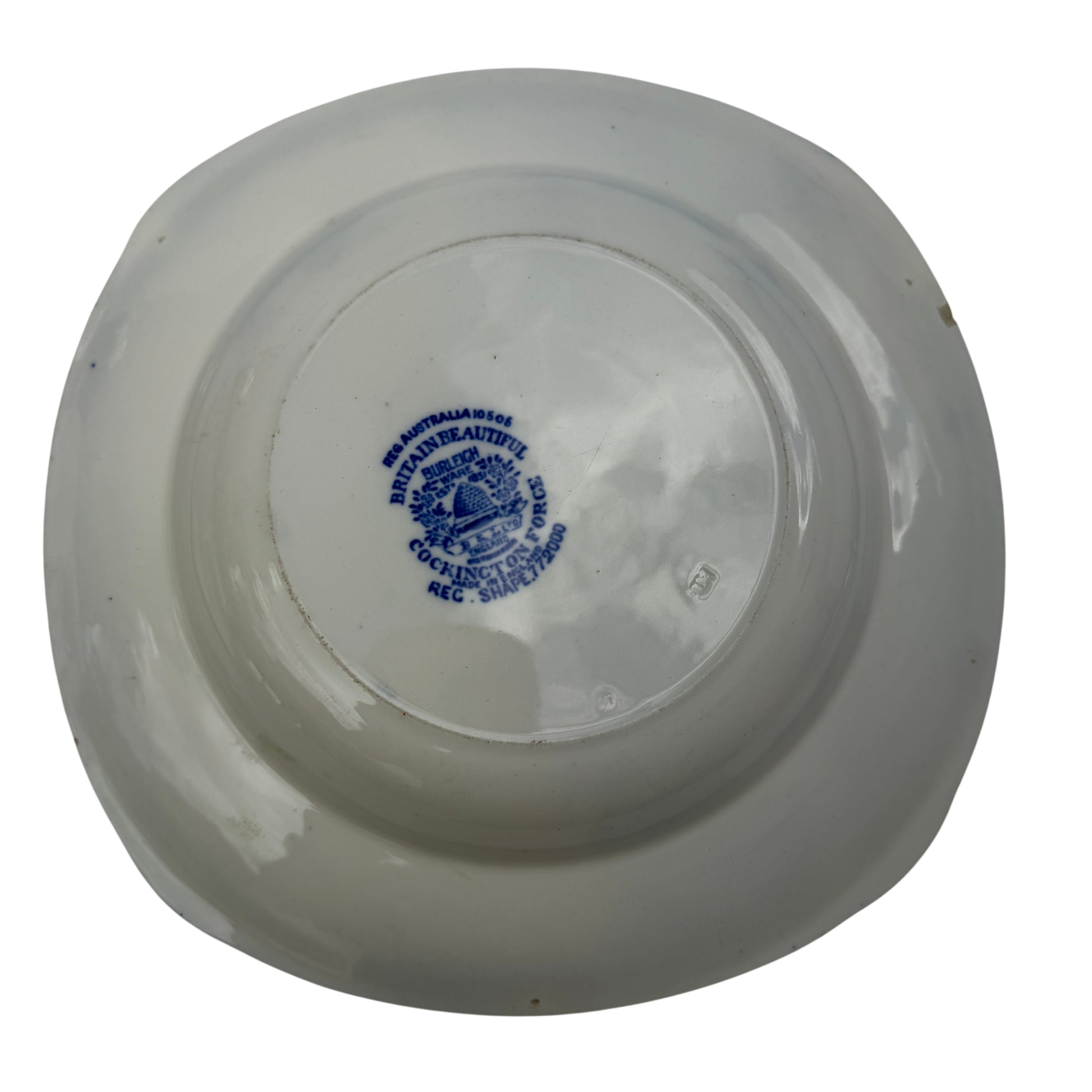 Burleigh Ware vintage soup bowl showing painted blue landscape pattern