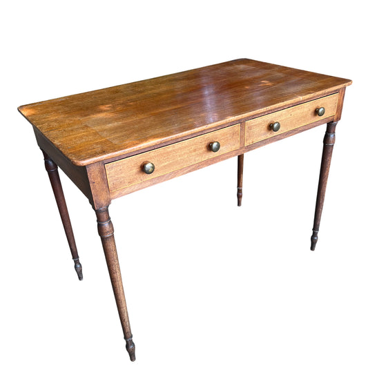 Victorian oak hall table with two drawers, turned legs and brass knobs