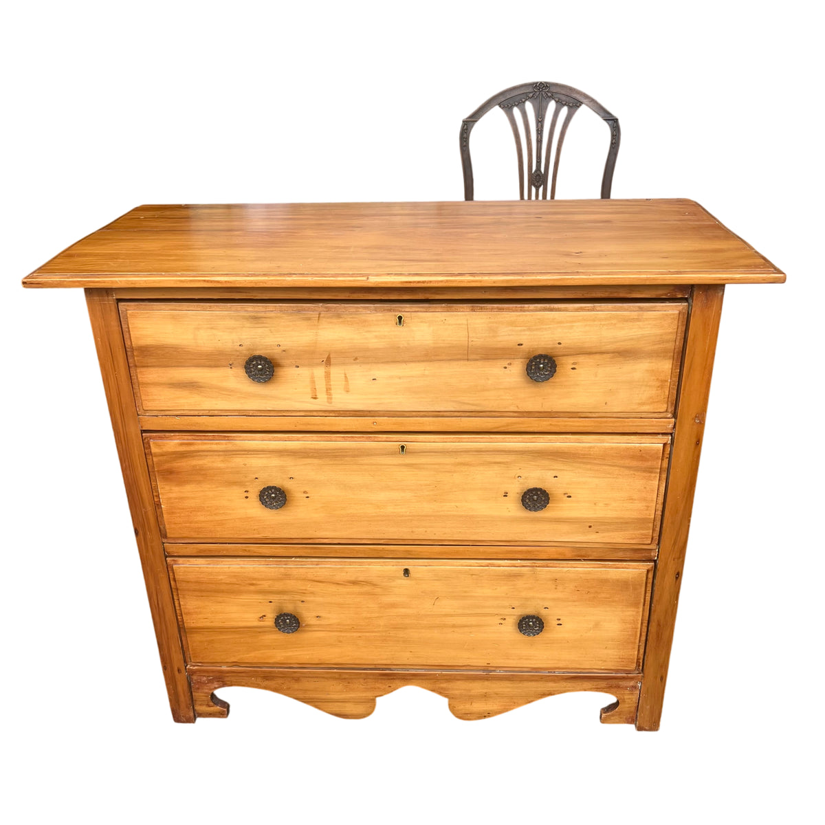 Front view Victorian pine chest with metal escutcheon and keyhole
