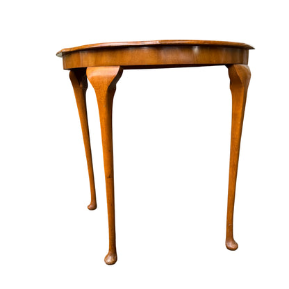 Vintage demilune console table with bookmatched walnut veneer top